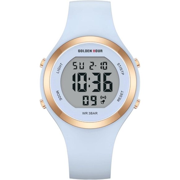 Unisex Light Blue Silicone Digital Gold Bezel Water-Resistant Alarm Stopwatch main image 6